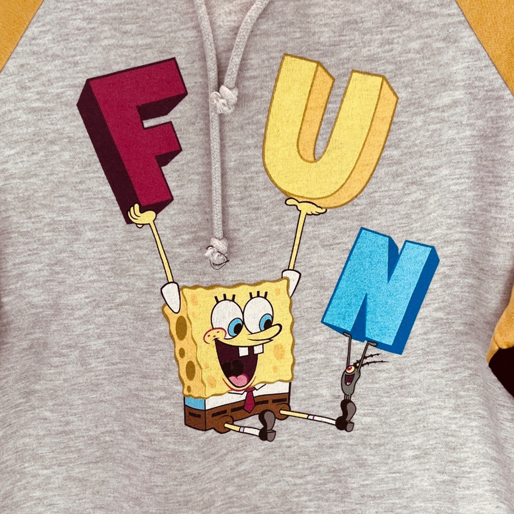 SpongeBob SquarePants FUN Graphic Raglan Hoodie Sweatshirt Medium Gray Yellow - Picture 2 of 8
